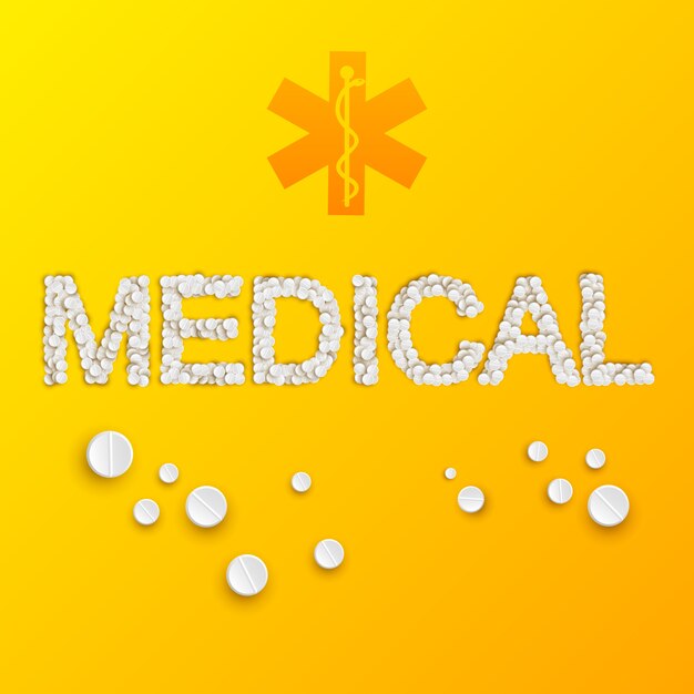 Plantilla de medicina ligera con inscripción médica de píldoras y medicamentos en amarillo