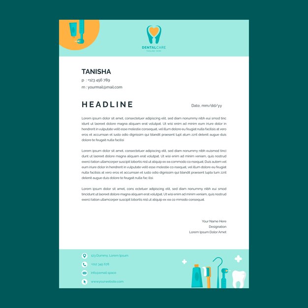 Plantilla de membrete de clínica dental mínima de diseño plano
