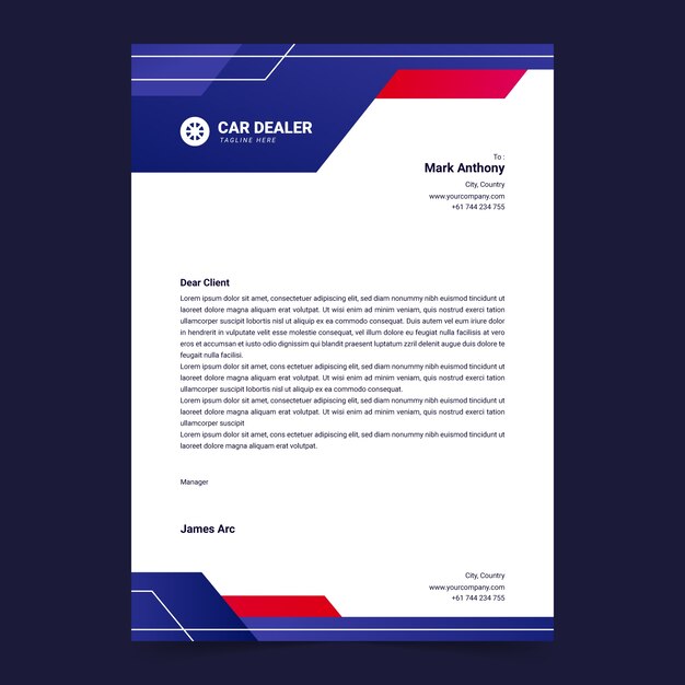 Plantilla de membrete de concesionario de automóviles degradado