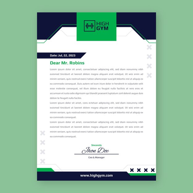 Plantilla de membrete de gimnasio y ejercicio plano