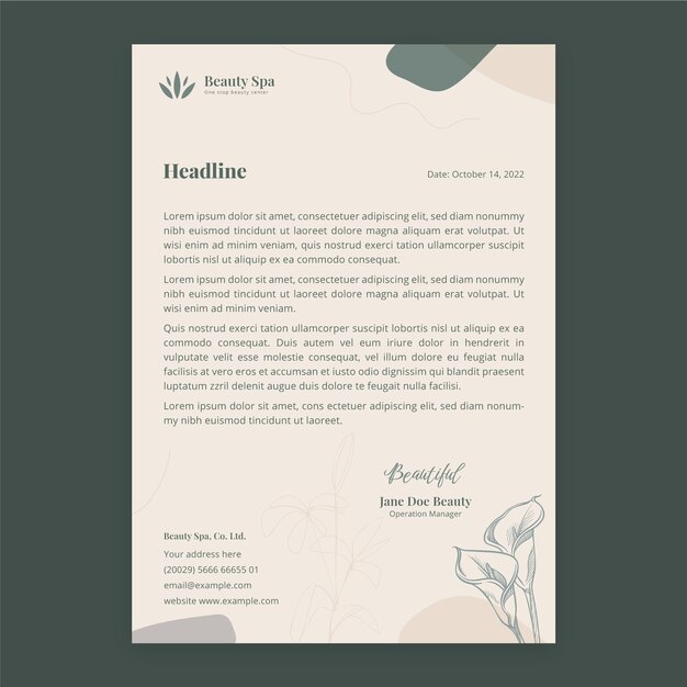 Plantilla de membrete de spa de belleza dibujado a mano