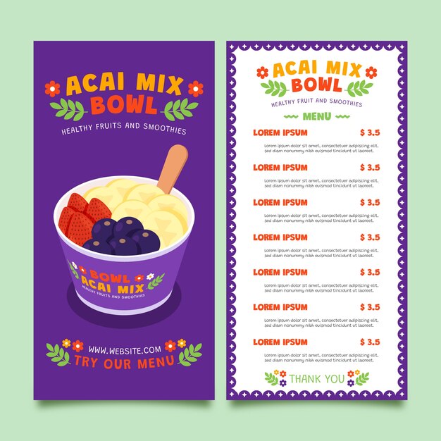 Plantilla de menú de acai dibujada a mano