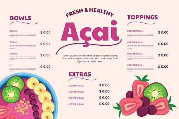 Plantilla de menú de acai dibujada a mano