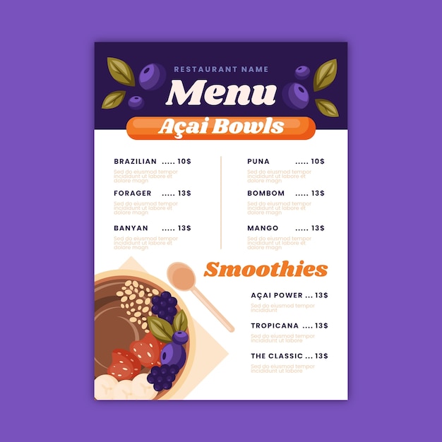 Plantilla de menú de acai dibujada a mano