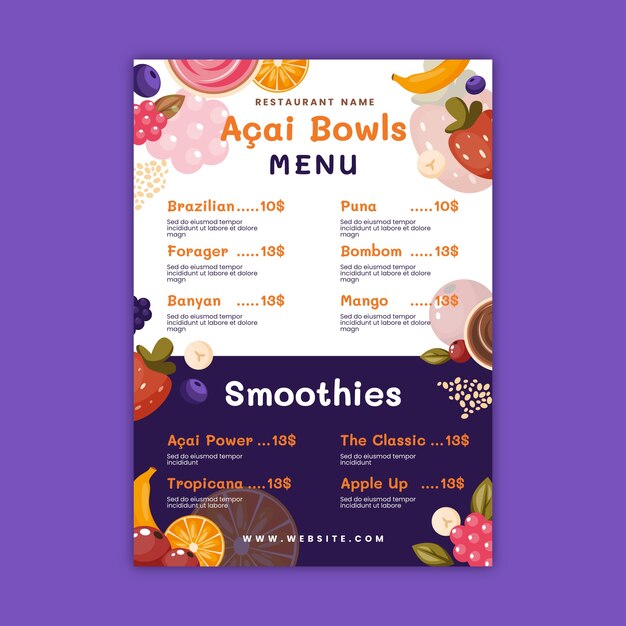Plantilla de menú de acai dibujada a mano
