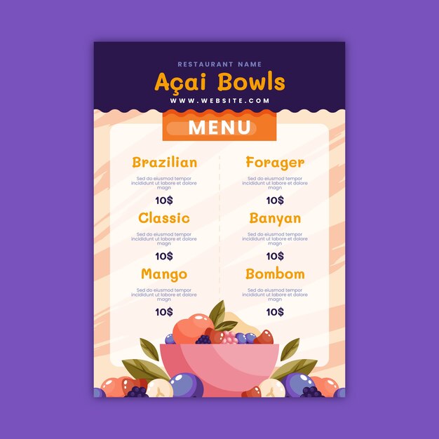 Plantilla de menú de acai dibujada a mano