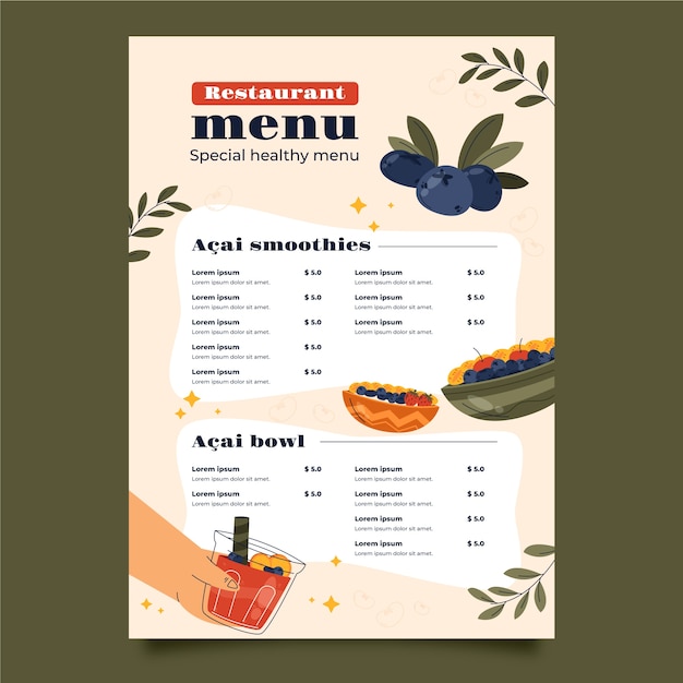 Plantilla de menú de acai dibujada a mano