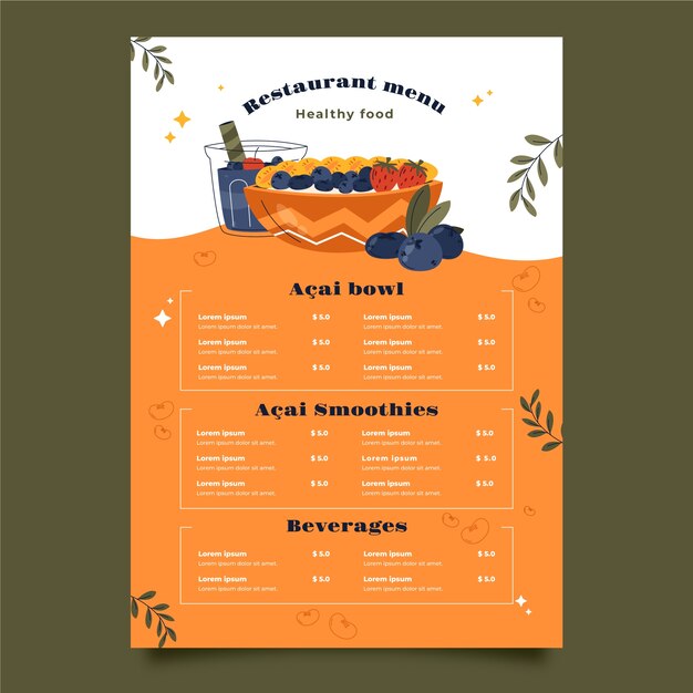 Plantilla de menú de acai dibujada a mano
