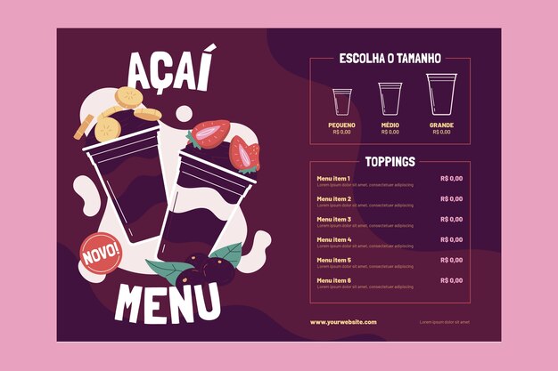 Plantilla de menú de acai dibujada a mano
