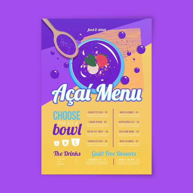Plantilla de menú de acai dibujada a mano