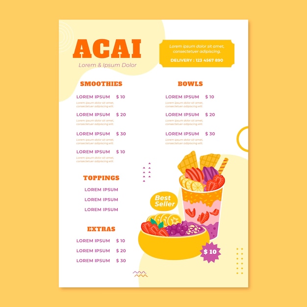 Plantilla de menú de acai dibujada a mano