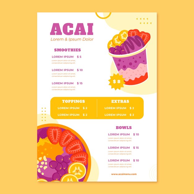 Plantilla de menú de acai dibujada a mano