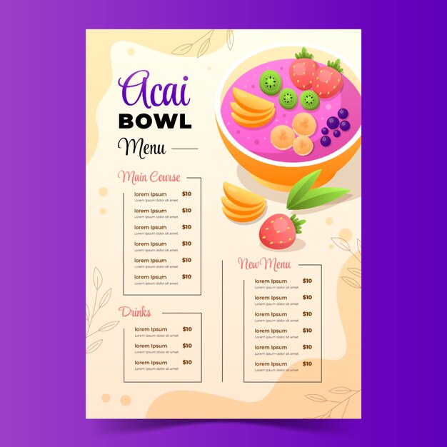 Plantilla de menú de acai dibujada a mano