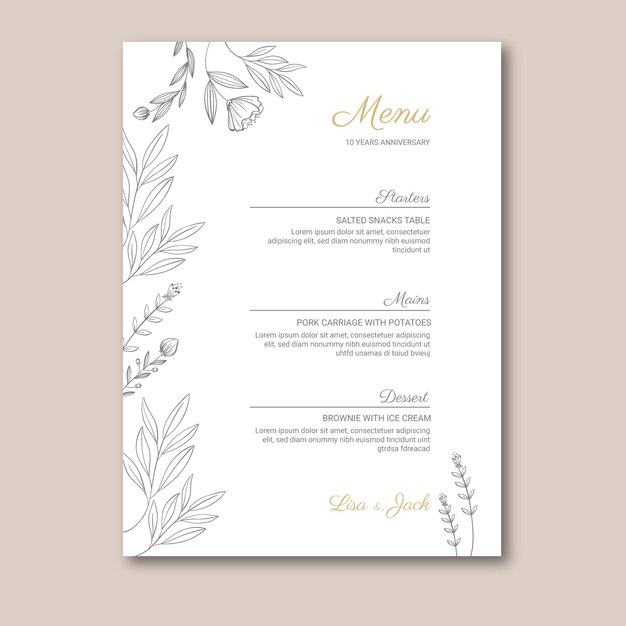 Plantilla de menú de aniversario de boda