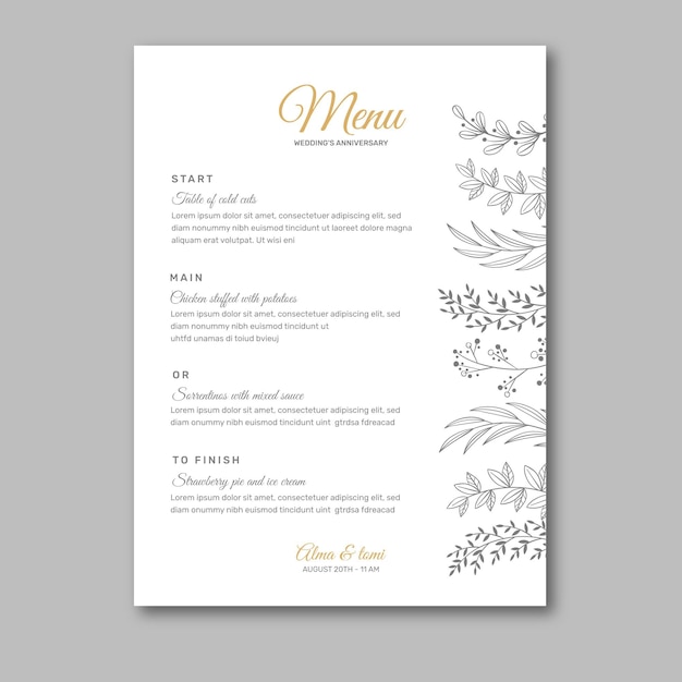 Plantilla de menú de aniversario de boda