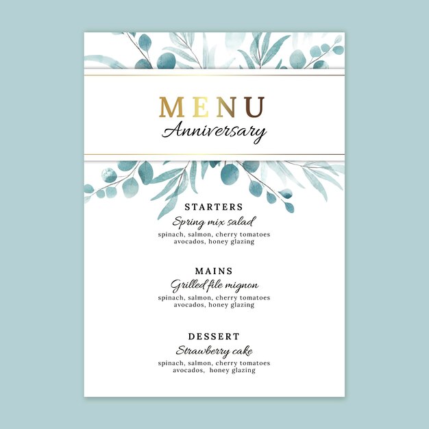 Plantilla de menú de aniversario de boda