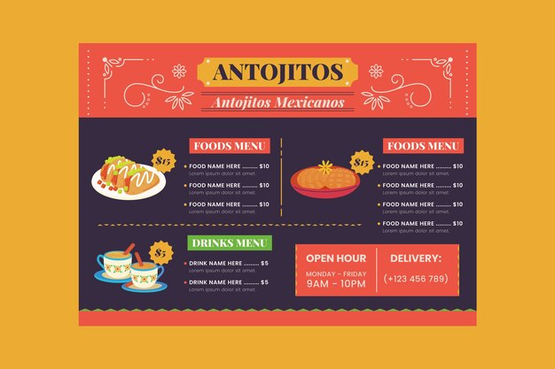 Plantilla de menú de antojitos de diseño plano