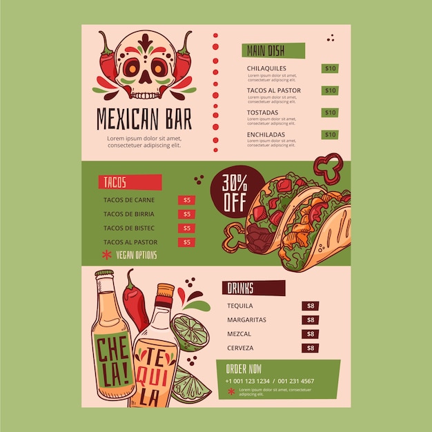 Plantilla de menú de bar mexicano dibujada a mano