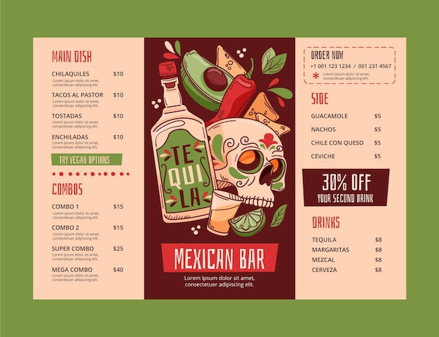 Plantilla de menú de bar mexicano dibujada a mano
