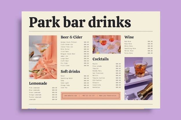 Vector gratuito plantilla de menú de bebidas de bar de parque moderno