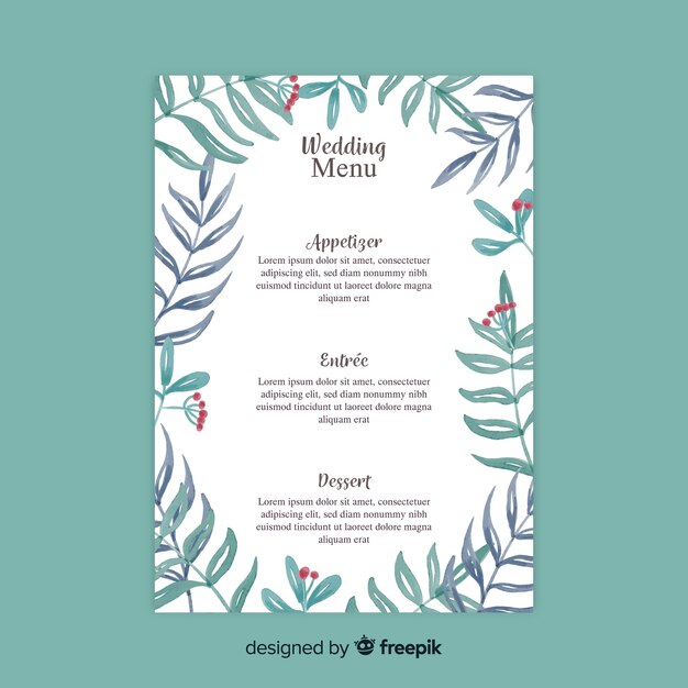 Plantilla de menú de boda estilo acuarela