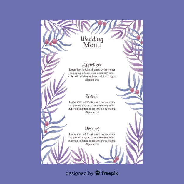 Plantilla de menú de boda estilo acuarela