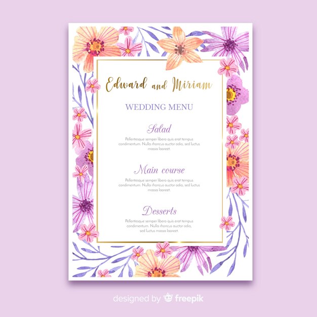 Plantilla de menú de boda floral en acuarela