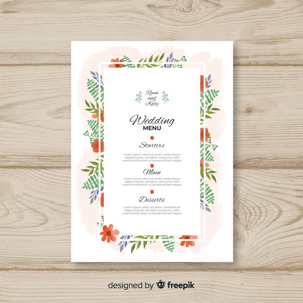 Plantilla de menú de boda floral en acuarela