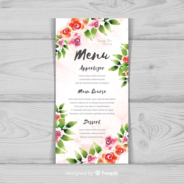 Plantilla de menú de boda floral en acuarela