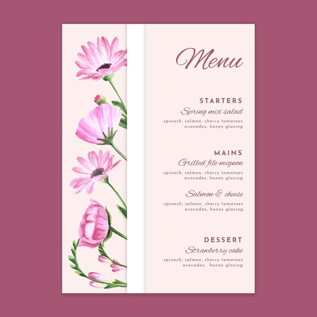 Plantilla de menú de boda floral
