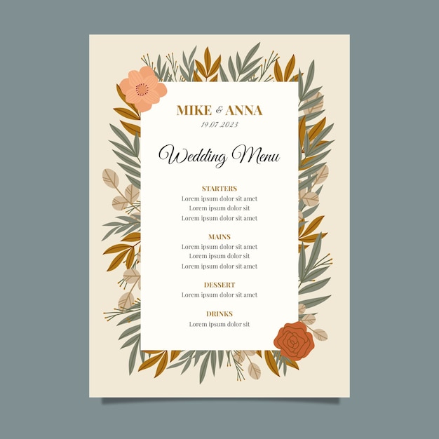 Plantilla de menú de boda con marco boho