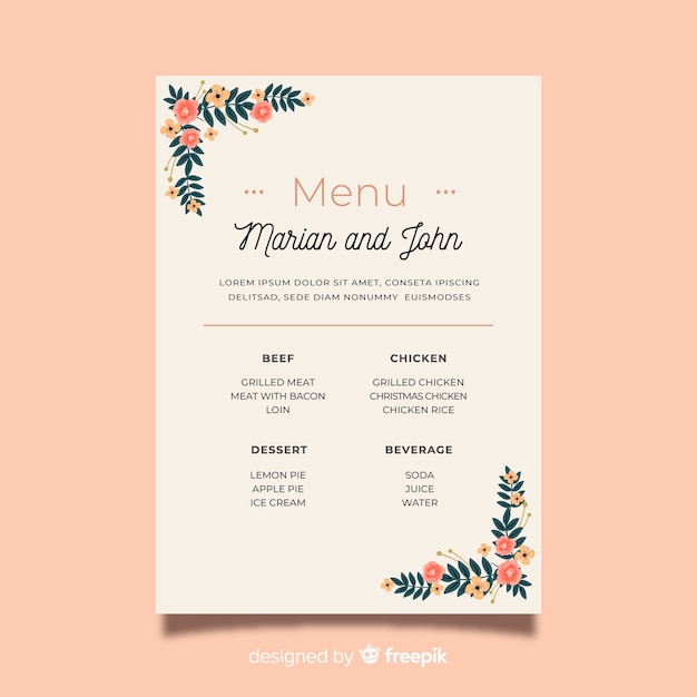 plantilla de menú de bodas