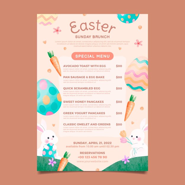 Plantilla de menú de brunch de pascua en acuarela