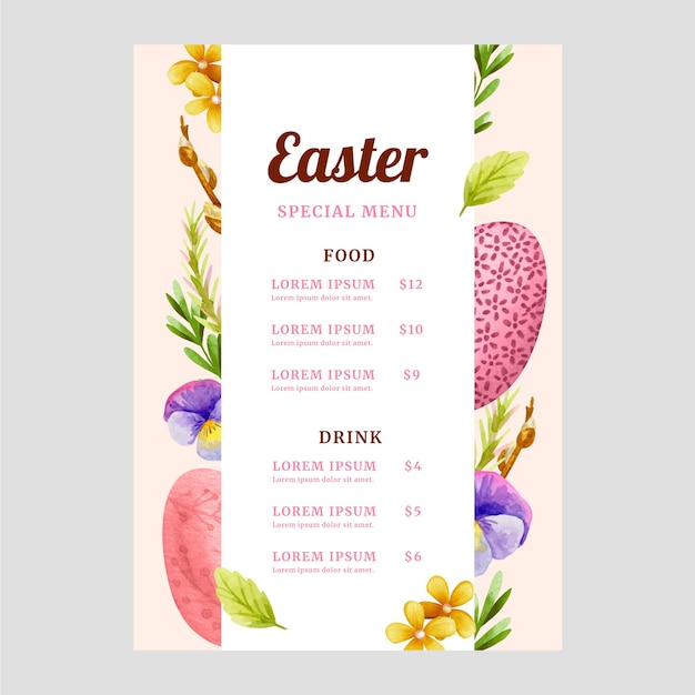 Vector gratuito plantilla de menú de brunch de pascua en acuarela