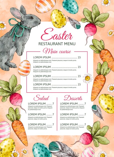 Plantilla de menú de brunch de pascua en acuarela