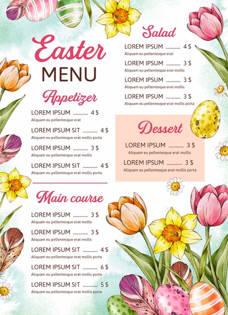 Plantilla de menú de brunch de pascua en acuarela