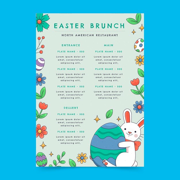 Plantilla de menú de brunch de pascua dibujada a mano