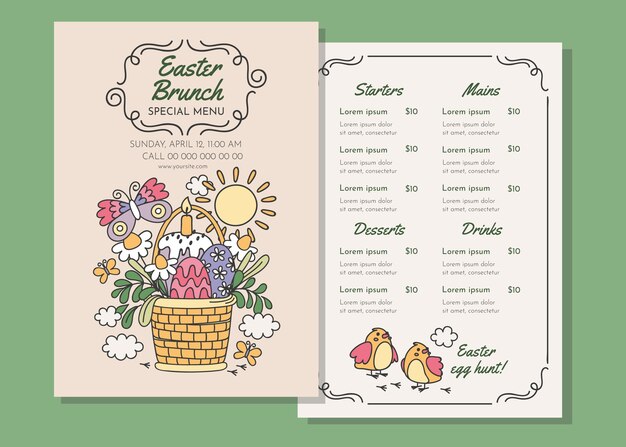 Plantilla de menú de brunch de pascua dibujada a mano