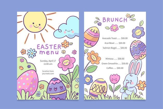 Plantilla de menú de brunch de pascua dibujada a mano