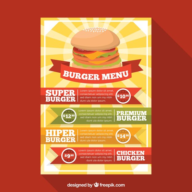 Plantilla de menú de burgers en diseño plano