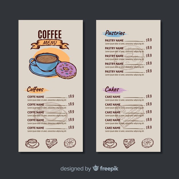 Plantilla de menú de cafetería dibujada a mano
