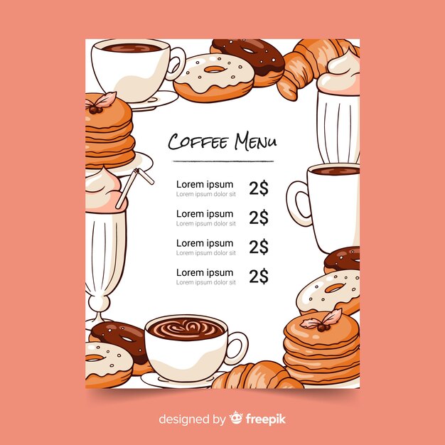 Plantilla de menú para cafetería o pastelería