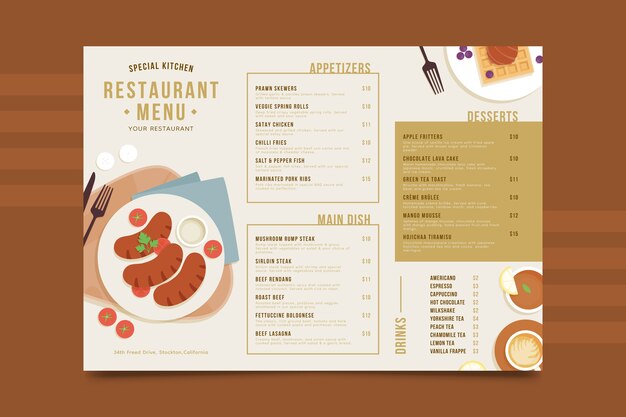 Plantilla de menú de cena de diseño plano