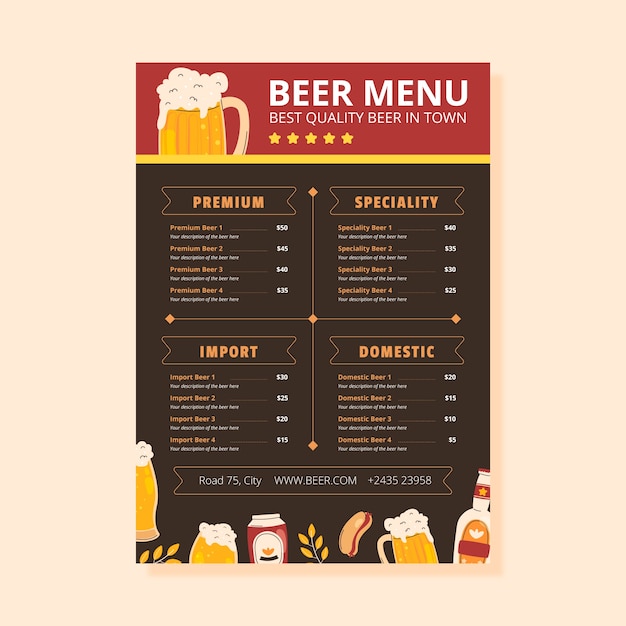 Plantilla de menú de cerveza de diseño plano