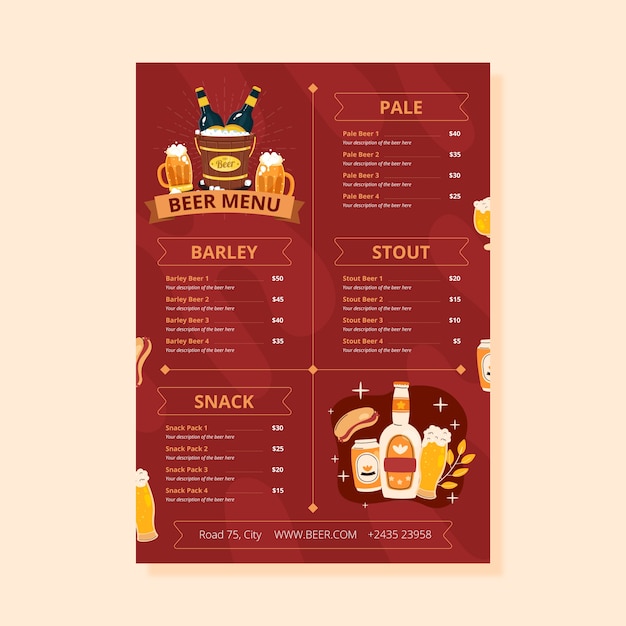 Plantilla de menú de cerveza de diseño plano