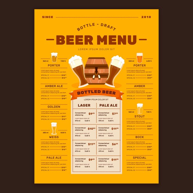 Plantilla de menú de cerveza de diseño plano