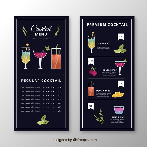 Plantilla de menú de cócteles en diseño plano