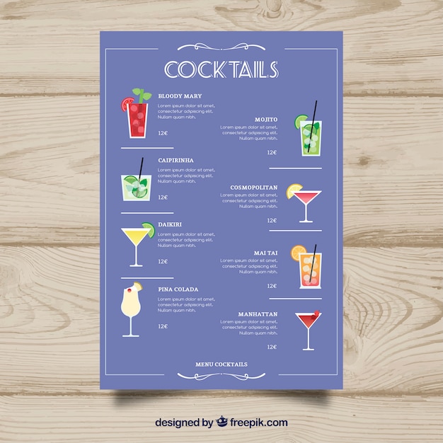 Plantilla de menú de cócteles en diseño plano