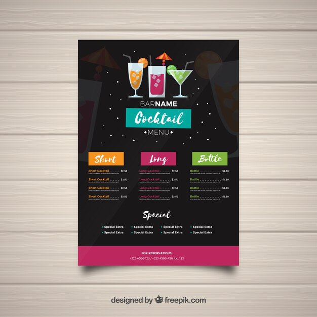 Vector gratuito plantilla de menú de cócteles en diseño plano