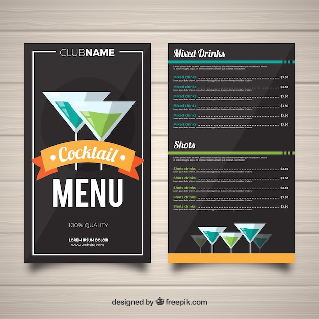 Plantilla de menú de cócteles en diseño plano
